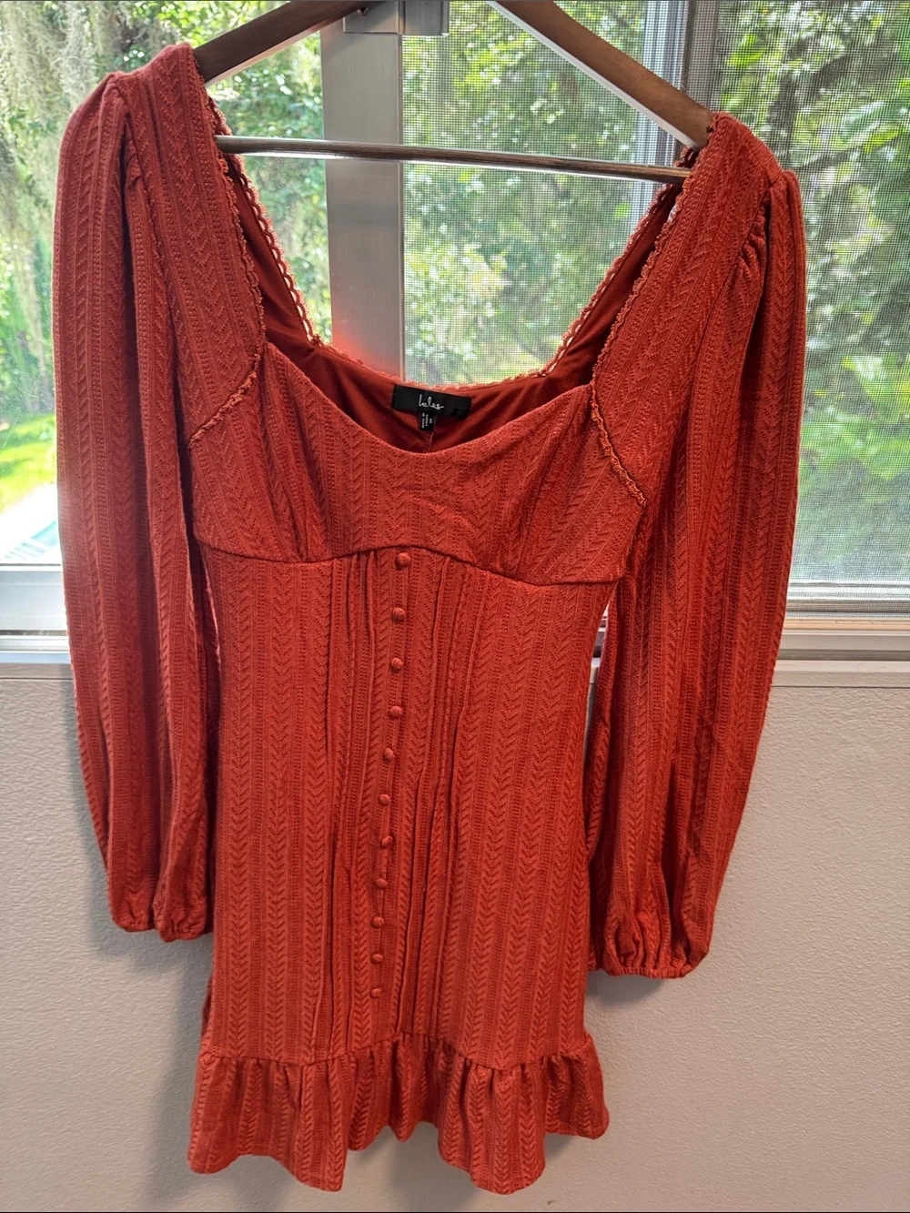 Lulu's Rust Red Long Sleeve Button-Front Mini Dress